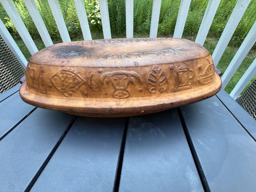 Authentic Vintage Römertopf 114 Terra Cotta Clay Oval fish Baker 15 X 8
